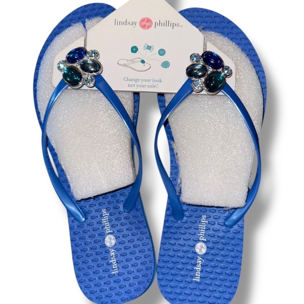 Lindsay Phillips Embellished Flip Flops Kelli Princess Blue Sz 10 sandals NEW - Picture 5 of 16
